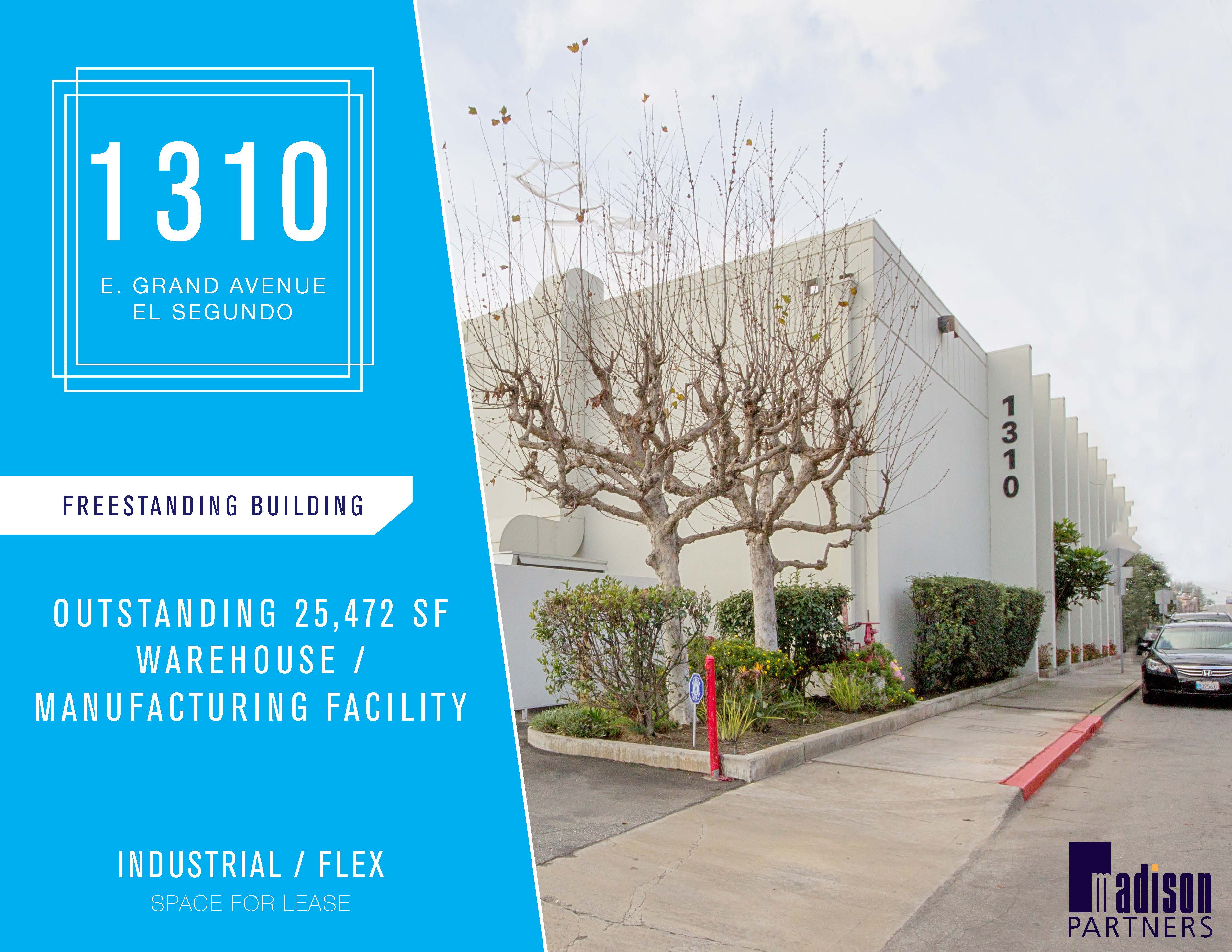 1310 Grand Avenue El Segundo 90245 is an outstanding warehouse / manufacturing building for lease in the Smoky Hollow district of El Segundo with 7 dock high positions & 1 ground loading, corporate image & offices, excellent location 1 mile from LAX, plenty of parking, and existing freight CUP. Contact Madison Partners for leasing opportunities.