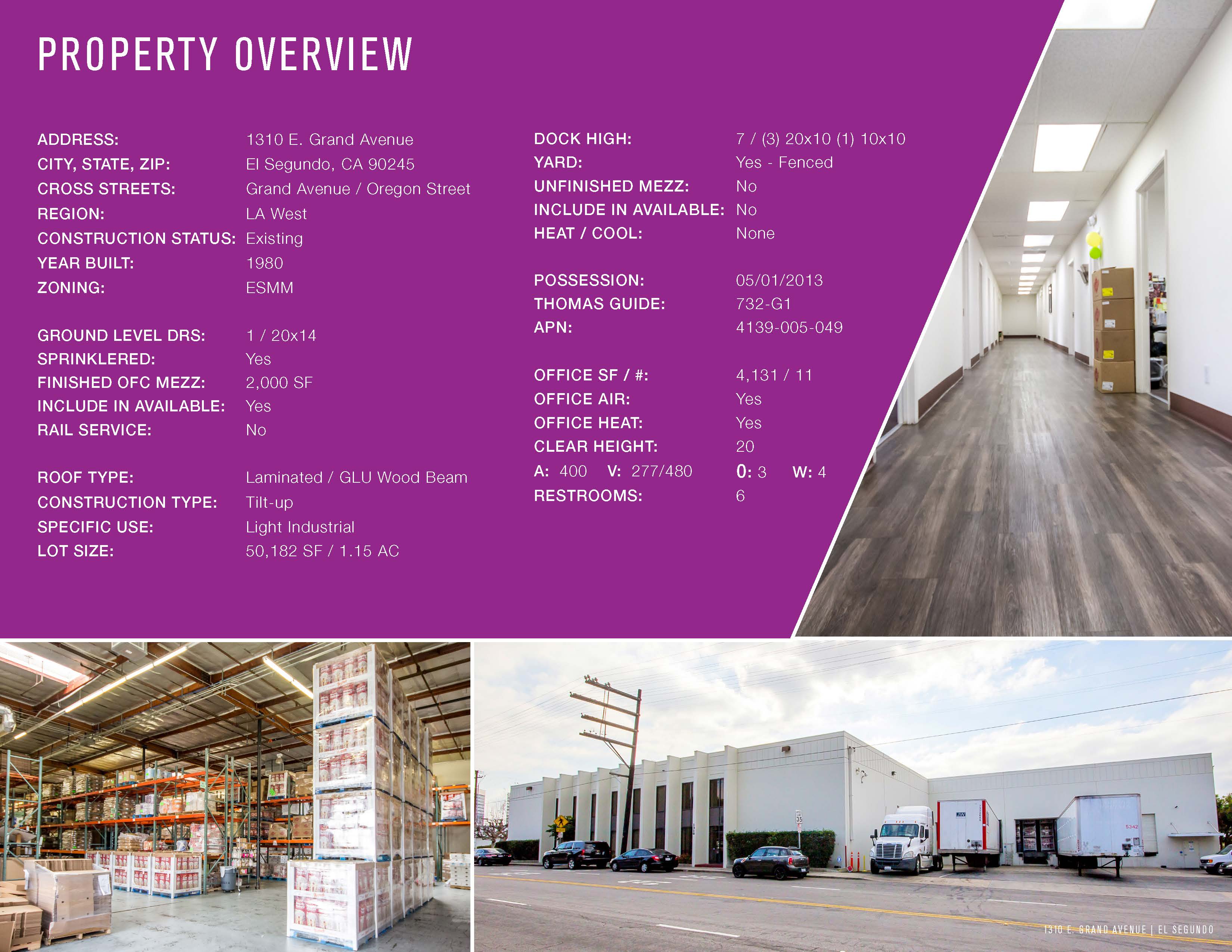 1310 Grand Avenue El Segundo 90245 is an outstanding warehouse / manufacturing building for lease in the Smoky Hollow district of El Segundo with 7 dock high positions & 1 ground loading, corporate image & offices, excellent location 1 mile from LAX, plenty of parking, and existing freight CUP. Contact Madison Partners for leasing opportunities.